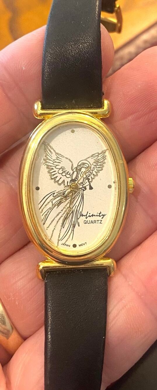 VTG Women's 25mm Gold Tone Infinity Watch, Trumpet Blowing Angel On Face